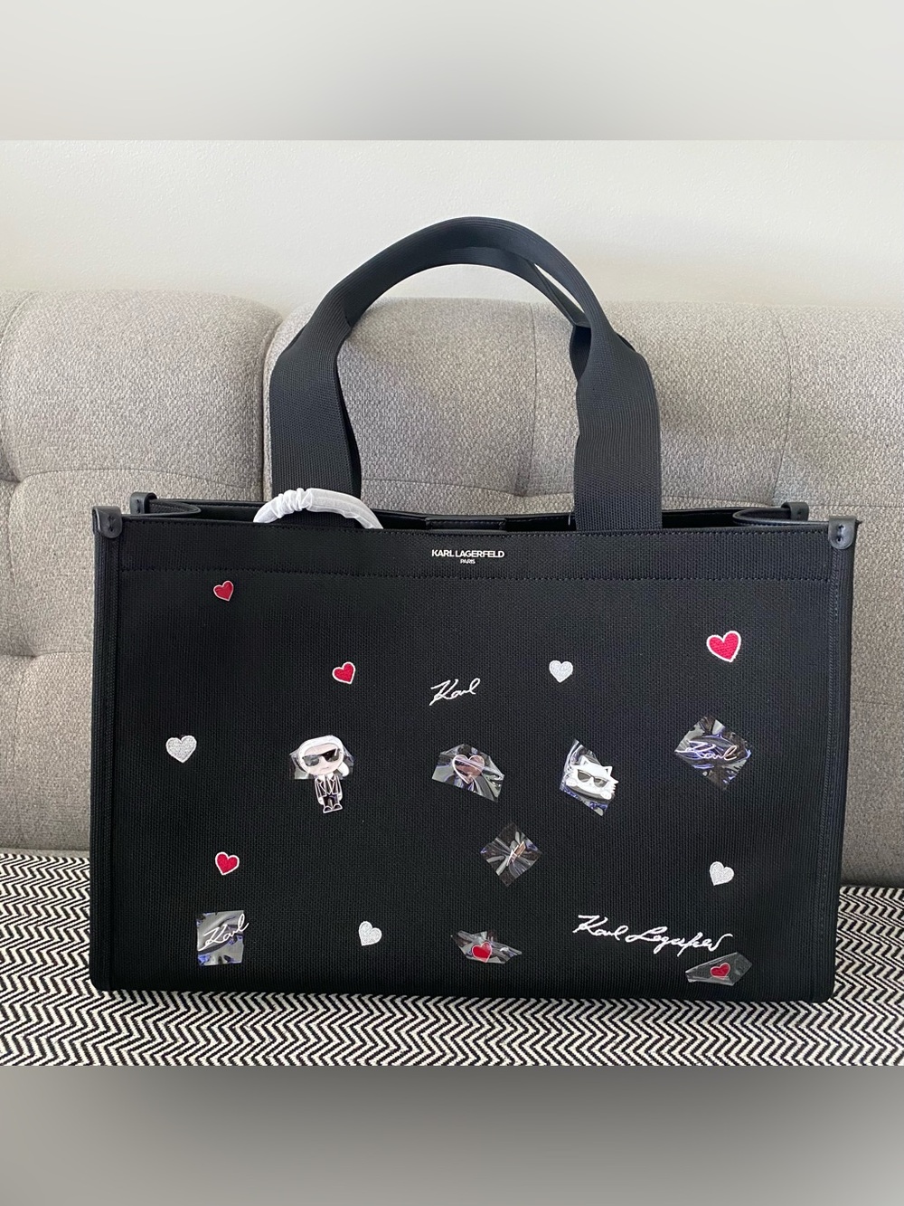 Karl Lagerfeld Black Tote with Heart & Crystal Character Accents BNWT